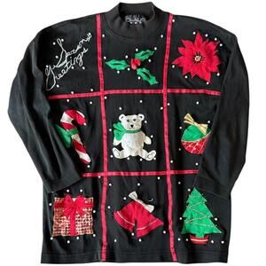 Chaus Sport Black Holiday Patchwork Sweatshirt – Size M